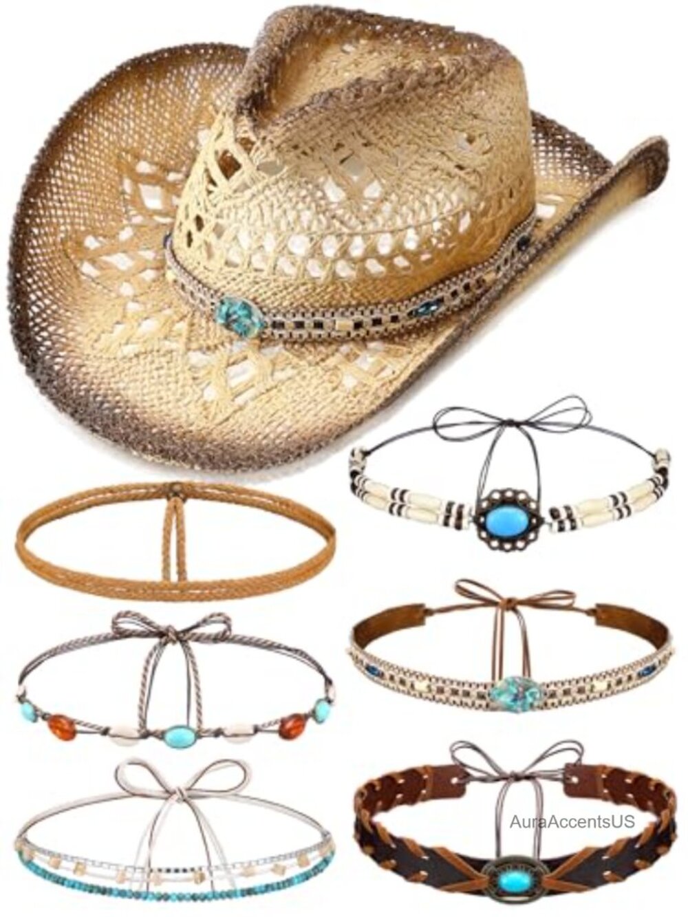 Straw Cowgirl Hat Set Interchangeable Bands Western Beach Boho Wide Brim